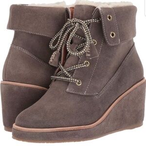 kate spade areana wedge ankle bootie boot - portabella suede with sherpa lining